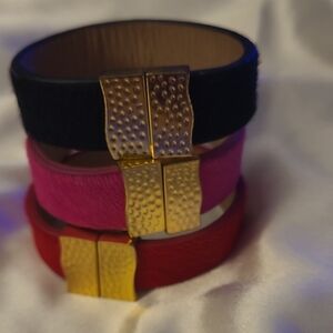 Rustic Cuff Women’s Stackable Leather Cuff Bracelet Set in Black, Pink & Red